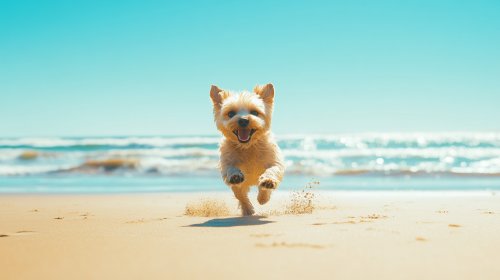 Happy dog playing on sunny beach with ball.