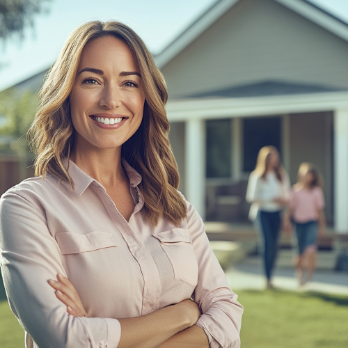 Happy female agent sells home to new family.