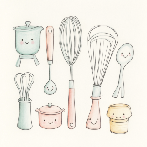 Happy kitchen tools drawing in pastel colors