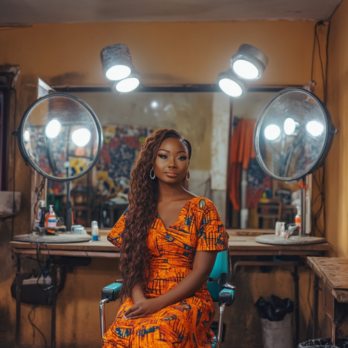 Happy lady in African salon getting make-up done.
