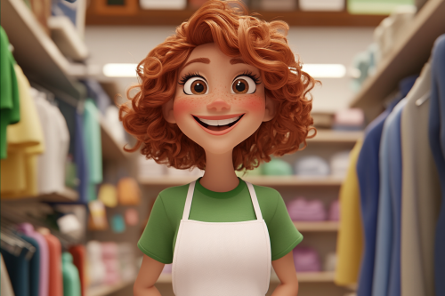 Happy red-haired lady cartoon shops with cash
