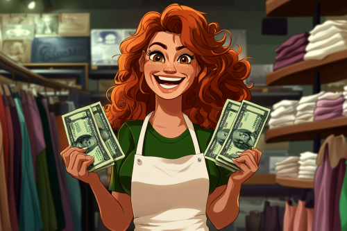 Happy red-haired lady holds cash in clothing store