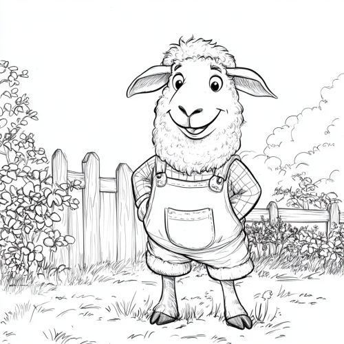 Happy sheep in garden outfit, black and white drawing.