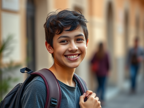 Happy student with backpack holding Sony A7III camera.