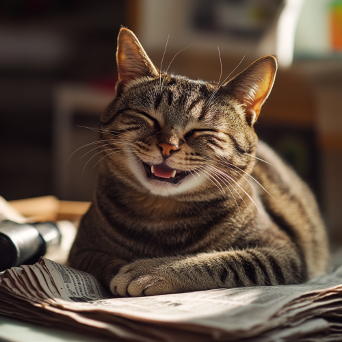 Happy tabby cat on journalist's desk with newspapers and flashlights Happy tabby cat on journalist's desk with newspapers and flashlights