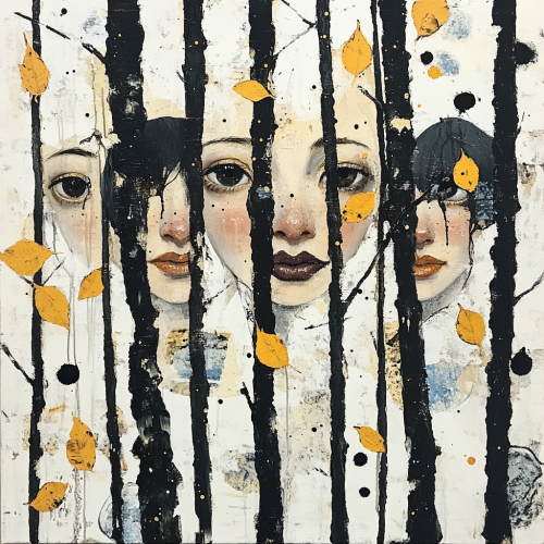 Happy women in birch trees, winter folk art.