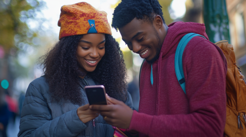 Happy young Afro-African men and women looking at phone.