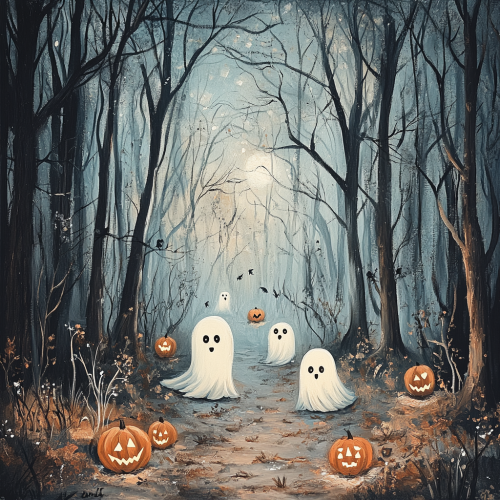 Haunted Forest Oil Painting with Cute Ghost Family
