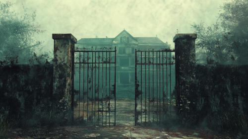 Haunted hospital gate in misty, cinematic painting scene