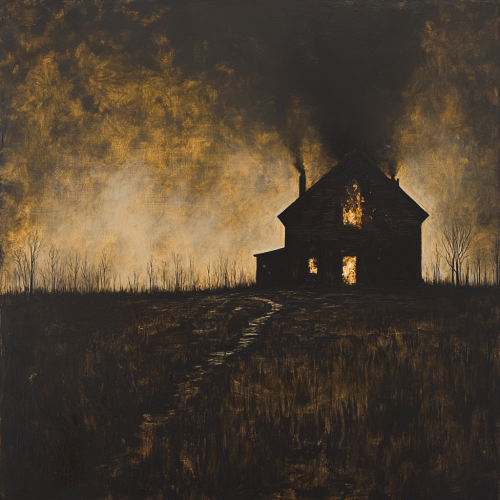Haunted old house burning in dark, eerie painting.
