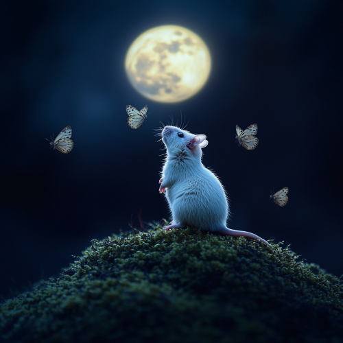 Haunting image of white rat under full moon
