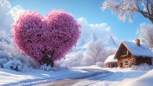 Heart-shaped tree by snowy road with houses