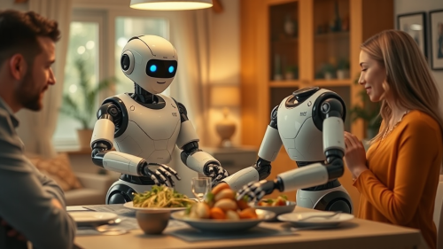 Helpful robot sets dinner table for family.
