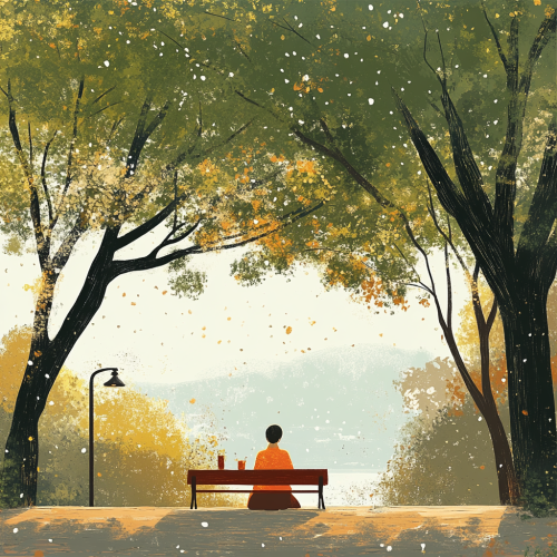 Herbal tea sipping Korean person in peaceful park.