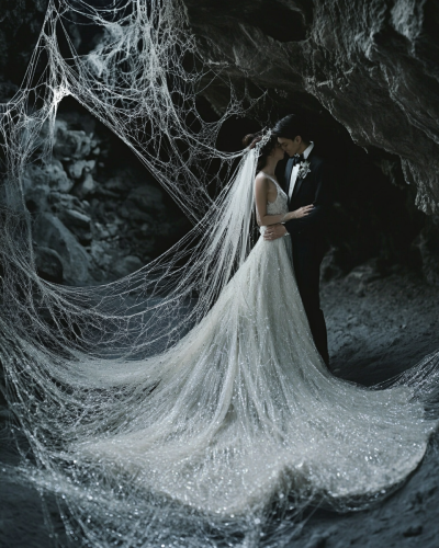 High fashion editorial wedding attire in black cavern