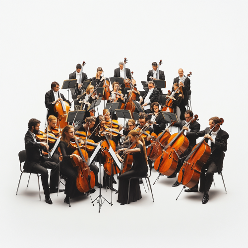 High quality ultra realistic image of orchestra from side.