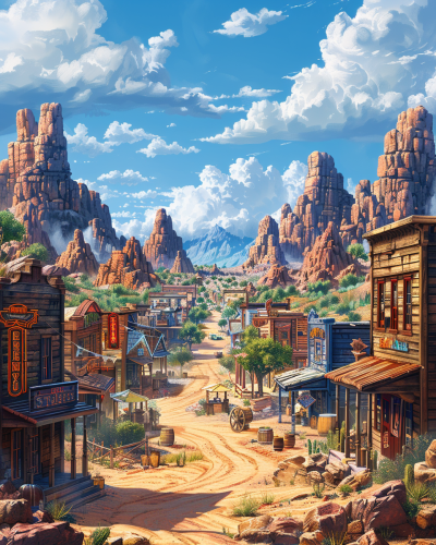 High resolution cartoon style illustration of dusty town.