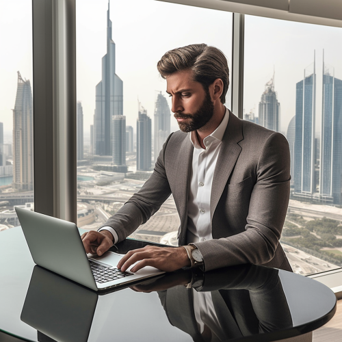 High-resolution photo of real estate agent in Dubai office.
