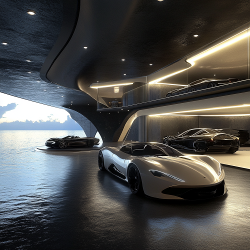 High-tech car display in luxury mansion garage
