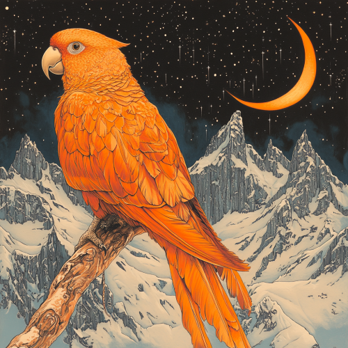 Highly detailed magical illustration focus on majestic orange parrot. Highly detailed magical illustration focus on majestic orange parrot.