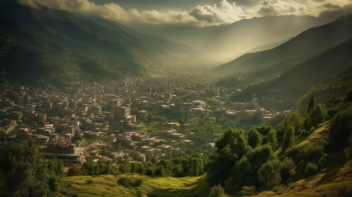 Himalayan foothills, picturesque houses, towering pine trees, misty dawn.