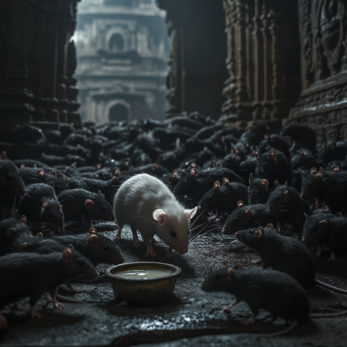 Hindu Temple: Black Rats and White Rat Drinking Milk