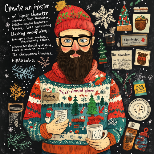 Hipster wearing festive ugly Christmas sweater in cafe