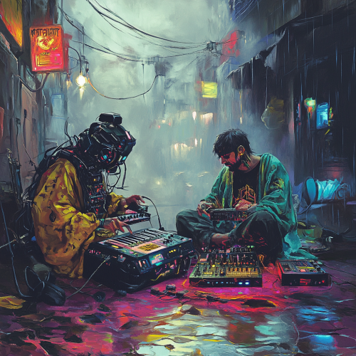 Homeless cyberpunks in Goa street creating music with equipment.