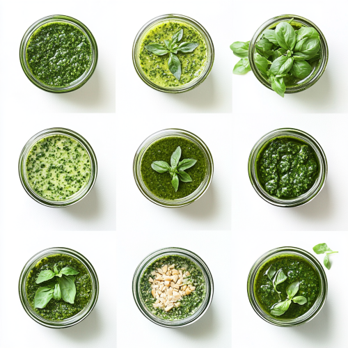 Homemade Pesto Sauces in Glass Jars Displayed Brightly