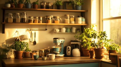 Homey Café Kitchen with Plants and Tea Set