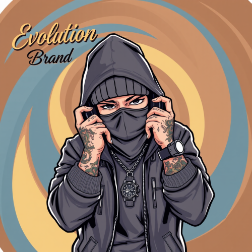 Hooded, Tattooed Person Holding Headphones: Evolution Brand Hooded, Tattooed Person Holding Headphones: Evolution Brand