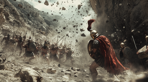 Hoplites holding off enemy force in narrow canyon.