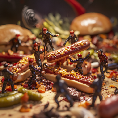 Hotdog people arranging objects in strange diorama scene