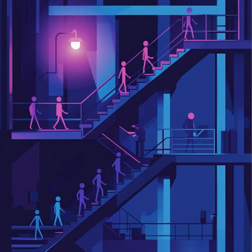 Humans cloned in factory, climbing stairs towards light