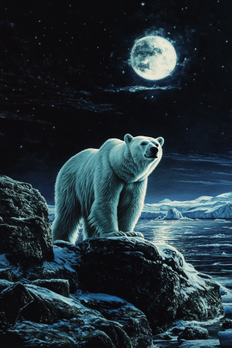 Hungry, lonely polar bear silhouette on dark horizon.