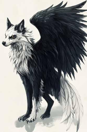Hybrid creature with wolf body, eagle wings, majestic.