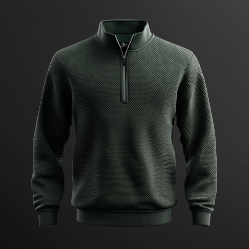 Hyper realistic 3D image of unique dark green quarter zip jacket inspired by Tiger Woods