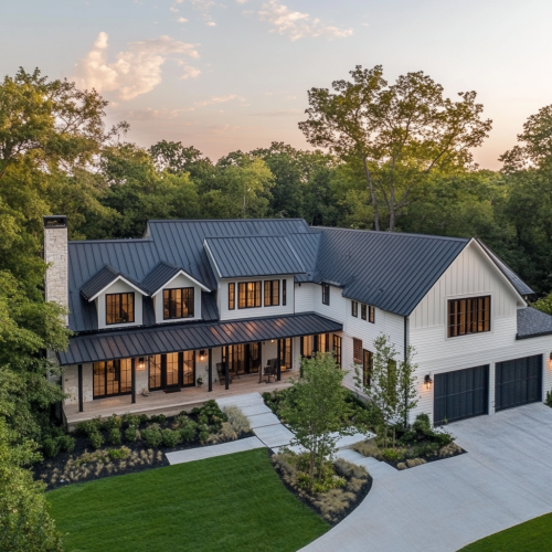 Hyper realistic aerial view of modern farmhouse with landscaping