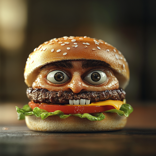 Hyper-realistic image of human-faced hamburger in natural setting.