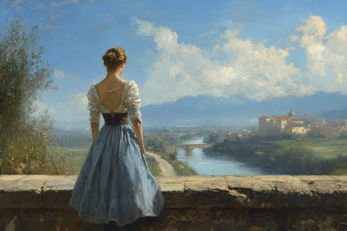 Hyperrealist painting landscape with elegant woman in beachwear Hyperrealist painting landscape with elegant woman in beachwear