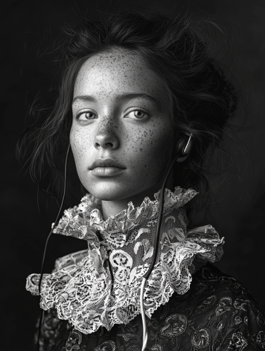 Hyperrealistic 19th Century Queen with Wired Headphones