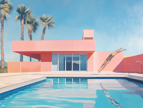 Hyperrealistic David Hockney & Edward Hopper Woman Pool Dive