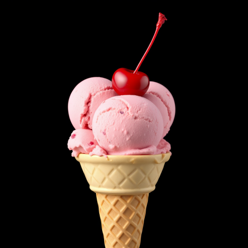 Ice cream cone with heart scoop and cherry.