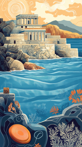 Illustration of Knossos Palace in vibrant Aegean setting.