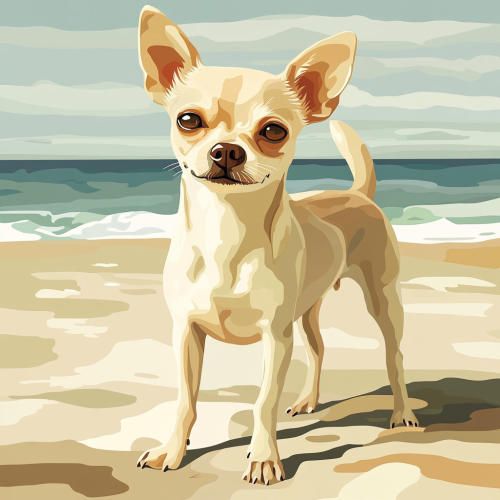 Illustration of short-haired Chihuahua on sandy beach.