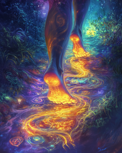 Image of Odú with glowing feet on mystical path. Image of Odú with glowing feet on mystical path.