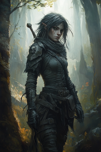 Image of feral drow female ranger in forest.