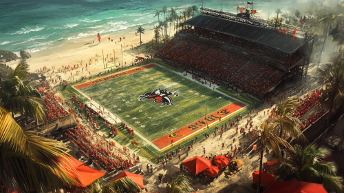 Image of football field on beach with fans and logos.