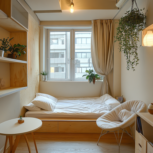 Image of stylish 1K room with bed and chair. Image of stylish 1K room with bed and chair.