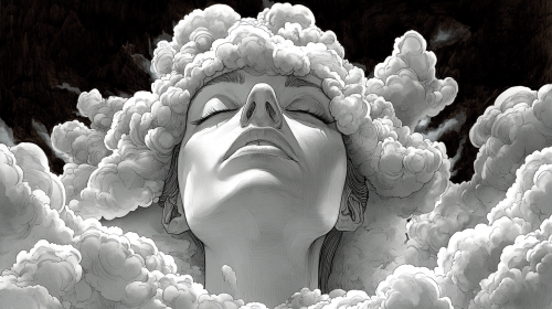 Image: white clouds cover woman's eyes and mouth.